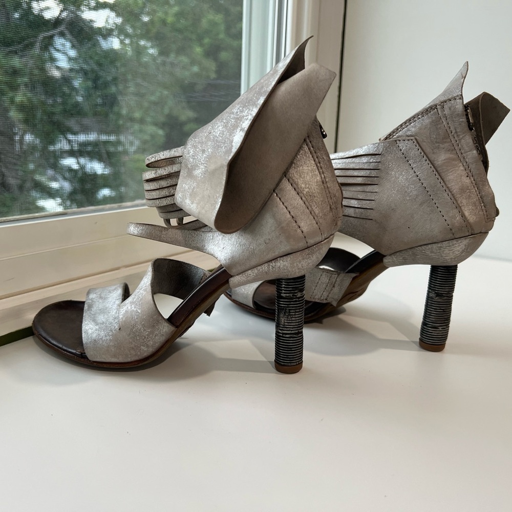 A.S.98 Metallic Silver Gray Strappy Sculpted Heel Sandals 37 - Picture 5 of 14